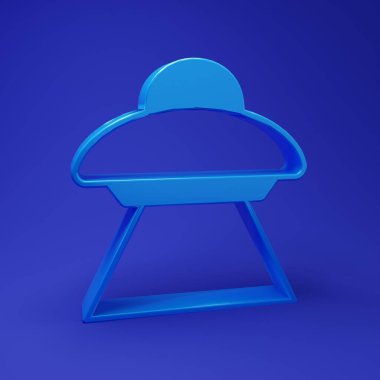 Mavi UFO uçan uzay gemisi simgesi mavi arkaplanda izole edildi. Uçan daire. Uzaylı uzay gemisi. Gelecekteki bilinmeyen uçan nesne. Minimalizm kavramı. 3 Boyutlu resimleme.