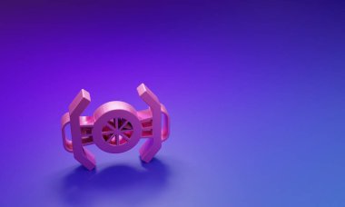 Mor-mavi arka planda izole edilmiş pembe kozmik gemi simgesi. Minimalizm kavramı. 3 Boyutlu resimleme.