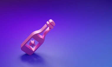 Mor-mavi arka planda izole edilmiş pembe şampanya şişesi ikonu. Mutlu Noeller ve mutlu yıllar. Minimalizm kavramı. 3 Boyutlu resimleme.