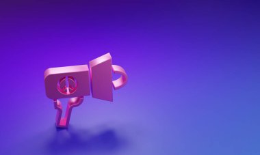 Mor-mavi arkaplanda izole edilmiş pembe megafon simgesi. Sözcü işareti. Minimalizm kavramı. 3 Boyutlu resimleme.