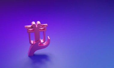Pembe Verici hediye simgesi mor-mavi arka planda izole edilmiş. Hediye elinde. Hediye verme ve alma kavramı. Minimalizm kavramı. 3 Boyutlu resimleme.