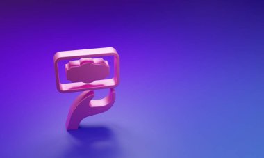 Pembe bağış ve yardım ikonu mor-mavi arka planda izole edilmiş. Para ve bağış konsepti. Minimalizm kavramı. 3 Boyutlu resimleme.