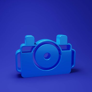 Dalgıç simgesi için mavi fotoğraf makinesi mavi arkaplanda izole edildi. Fotoğraf makinesi simgesi. Su altı ekipmanları. Minimalizm kavramı. 3 Boyutlu resimleme.