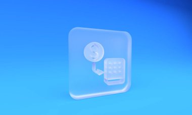 Buzlu cam kumarhane fişleri mavi arka planda izole edilmiş dolar desteleri üzerinde değiş tokuş yapıyor. Kare buzlu cam düğme. 3 Boyutlu resimleme.