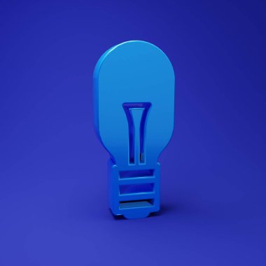Mavi arka planda fikir ikonu konseptine sahip mavi ampul izole edildi. Enerji ve fikir sembolü. İlham konsepti. Minimalizm kavramı. 3 Boyutlu resimleme.