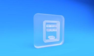 Mavi arkaplanda izole edilmiş buzlu cam grafiksel tablet simgesi. Kare buzlu cam düğme. 3 Boyutlu resimleme.