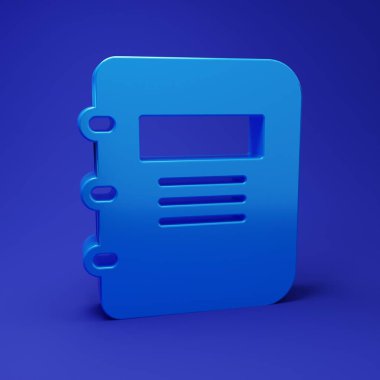 Mavi Not Defteri simgesi mavi arkaplanda izole edildi. Spiral not defteri simgesi. Okul defteri. Yazı tahtası. Okul günlüğü. Minimalizm kavramı. 3 Boyutlu resimleme.