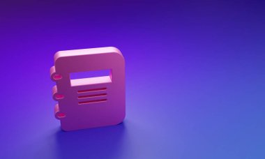 Mor-mavi arkaplanda izole edilmiş pembe defter simgesi. Spiral not defteri simgesi. Okul defteri. Yazı tahtası. Okul günlüğü. Minimalizm kavramı. 3 Boyutlu resimleme.