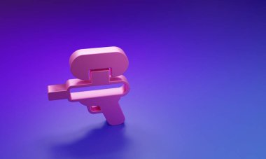 Mor-mavi arkaplanda izole edilmiş pembe su tabancası ikonu. Minimalizm kavramı. 3 Boyutlu resimleme.