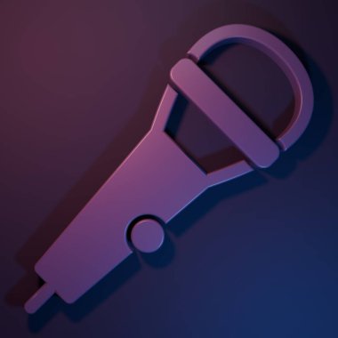 Mor-mavi arka planda izole edilmiş mor mikrofon simgesi. Radyodaki mikrofondan. Sözcü işareti. Minimalizm kavramı. 3 Boyutlu resimleme.