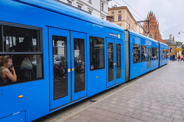 Краков Польша Августа 2022 Года Голубой Городской Трамвай Кракове — стоковое фото