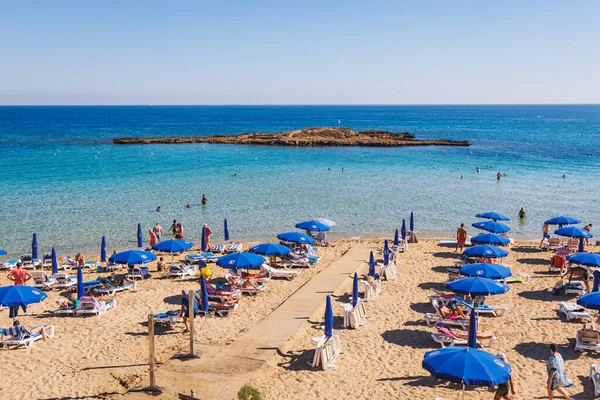 stock image Protaras, Cyprus - September 27, 2022: Fig Tree Bay beach and islet in Protaras tourist resort, Paralimni Municipality