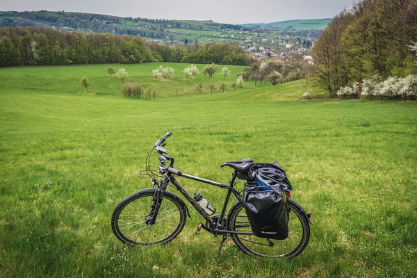 stock image Breznice, Czech Republic - April 16, 2018: Bicycle ona meadow in Breznice village near Zlin city