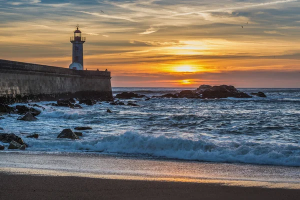 stock image Sunset over Atlantic Ocean. View from Carneiro beach in Porto, Portugal