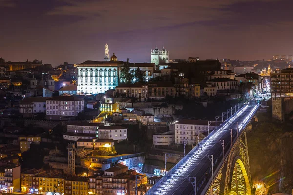 Vista Nocturna Ciudad Oporto Con Palacio Episcopal Puente Dom Luis — Foto de Stock