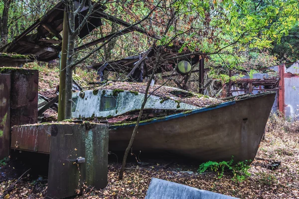 Old Boat Yacht Club Pripyat Abandoned City Chernobyl Exclusion Zone — Stock fotografie