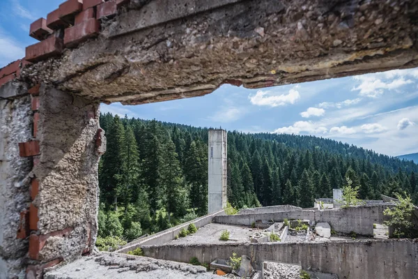 Remains of Igman Hotel destroyed during Bosnia War near Igman Olympic Jumps, Bosnia and Herzegovina