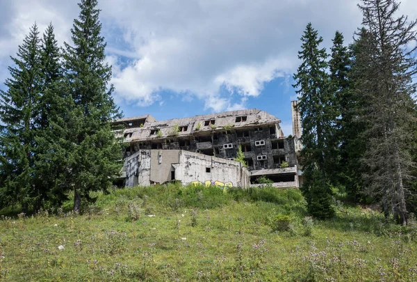 Exterior of Igman Hotel destroyed during Bosnia War near Igman Olympic Jumps, Bosnia and Herzegovina