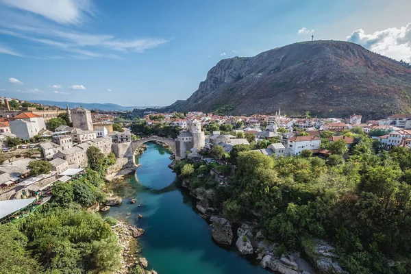 Flygfoto Över Mostar Stad Med Old Bridge Och Hum Hill — Stockfoto