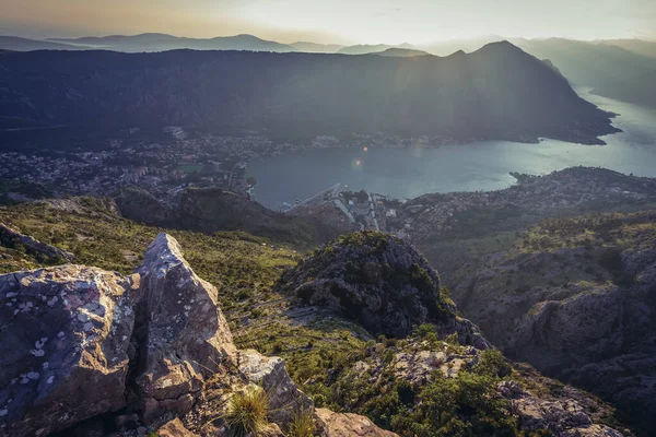 stock image Aerial view from mountains above Kotor town on the Adriatic shore in Montenegro