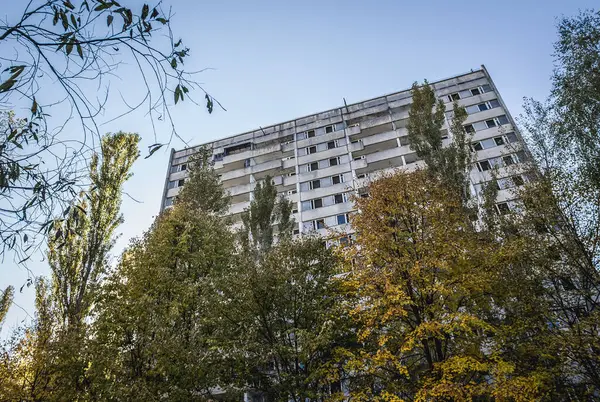 16-story residential building in Pripyat ghost city in Chernobyl Exclusion Zone, Ukraine