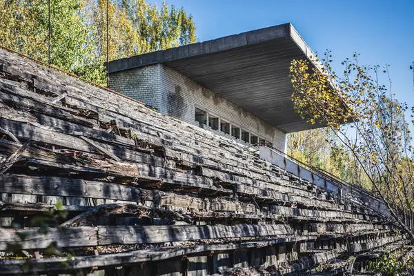Avanhard Stadium in Pripyat ghost city in Chernobyl Exclusion Zone, Ukraine