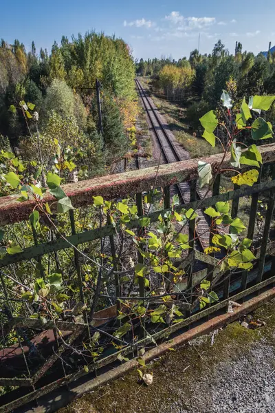 Railway tracks near Pripyat ghost city in Chernobyl Exclusion Zone in Ukraine