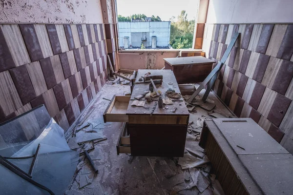 Office in Jupiter factory in Pripyat ghost city in Chernobyl Exclusion Zone in Ukraine