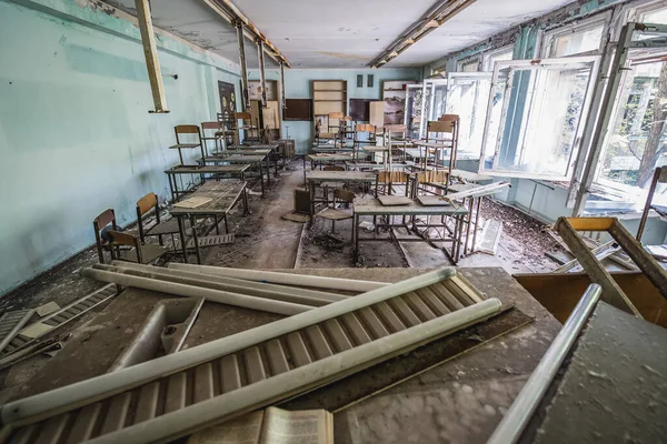 Classroom in Middle School No. 3 in Pripyat ghost city in Chernobyl Exclusion Zone, Ukraine