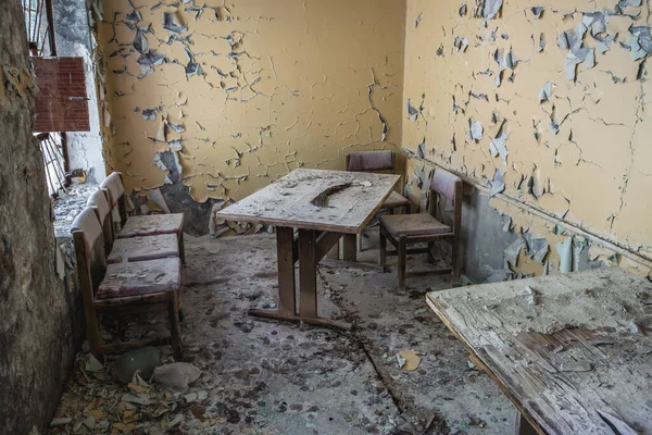 Interior of Cafe Pripyat in Pripyat ghost city in Chernobyl Exclusion Zone, Ukraine