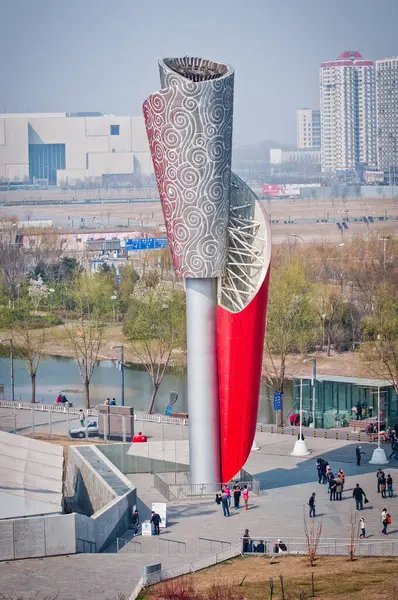 Beijing China April 2013 Olympic Torch Statue Olympic Green Constructed — Stock Photo, Image