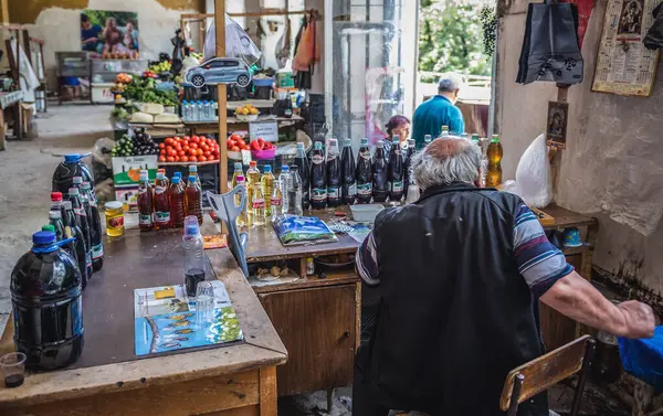 stock image Sighnaghi, Georgia - July 19, 2015: Home made products for sale on food market in Sighnaghi town in Kakheti region