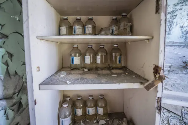 Zona Chernobyl Ucrania Octubre 2014 Medicamentos Antiguos Hospital Msch 126 — Foto de Stock