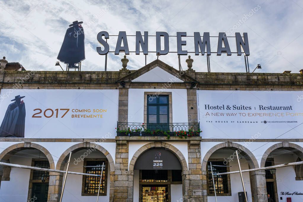 Vila Nova de Gaia, Portugal - December 10, 2016: Sandeman Port wine building in Vila Nova de Gaia city
