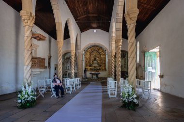 Montemor-o-Velho, Portugal - July 9, 2021: Church of Santa Maria da Alcacova in Castle of Montemor-o-Velho town, Coimbra District of Portugal clipart