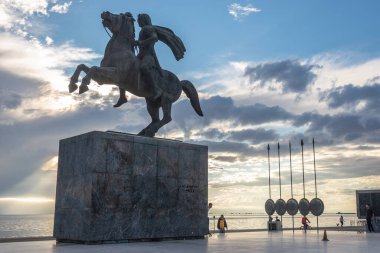Thessaloniki, Greece - October 11, 2021: Equestrian statue of Alexander the Great in Alexander the Great Garden, Thessaloniki city, Greece clipart