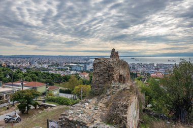 Thessaloniki, Greece - October 16, 2021: Aerial view from Walls of Thessaloniki, remains of Byzantine walls surrounding city of Thessaloniki during the Middle Ages, Greece clipart