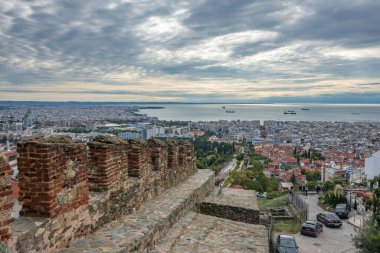Thessaloniki, Greece - October 16, 2021: Aerial view from eastern part of Walls of Thessaloniki, remains of Byzantine walls in Thessaloniki, Greece clipart