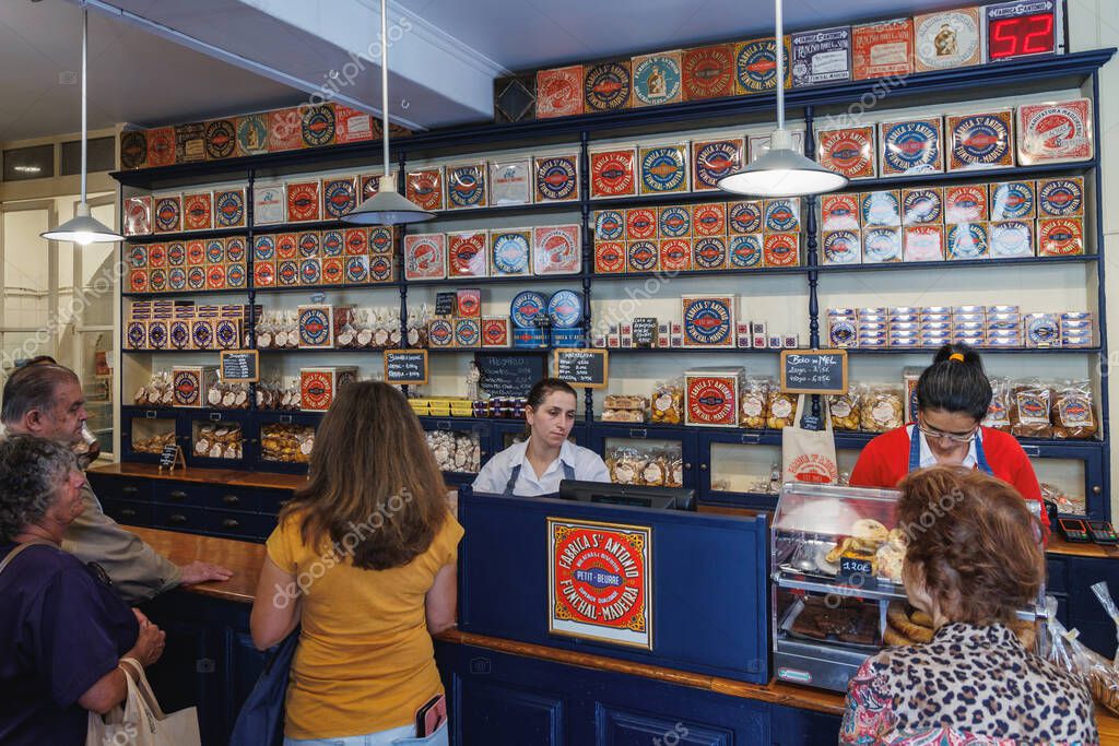 Funchal, Portugal - June 12, 2024: Fabrica Santo Antonio confectionery shop in Funchal city, capital of Madeira Island