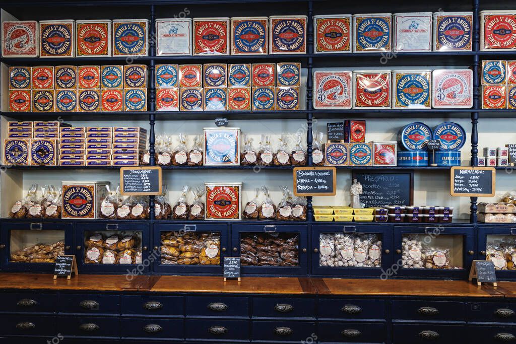Funchal, Portugal - June 12, 2024: Fabrica Santo Antonio confectionery shop in Funchal city, capital of Madeira Island