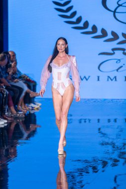 A model walks the runway for Cirone Swimwear Fashion Show during Art, Hearts, Fashion Swim Week at the Faena Forum in Miami Beach on 7- 11- 2021
