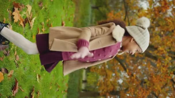 Pionowe Wideo Młodej Dziewczyny Bawiącej Się Rzucającej Jesiennymi Liśćmi Powietrze — Wideo stockowe