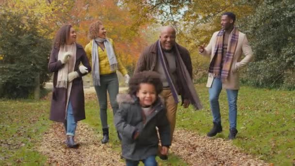 Porträt Einer Lächelnden Mehrgenerationenfamilie Die Mit Ihren Enkeln Durch Die — Stockvideo