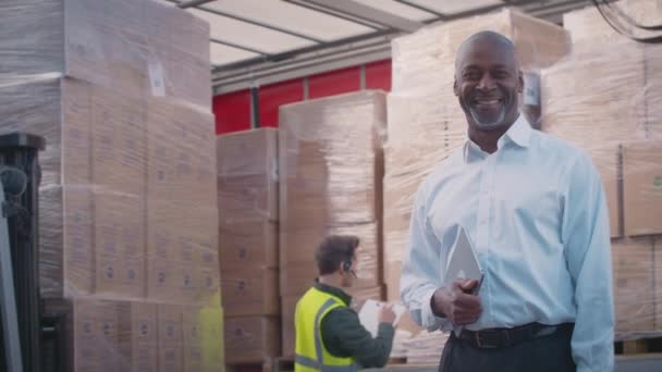 Χαμογελώντας Ώριμο Αρσενικό Εμπορευματικών Μεταφορών Διευθυντής Στέκεται Δίπλα Στο Φορτηγό — Αρχείο Βίντεο