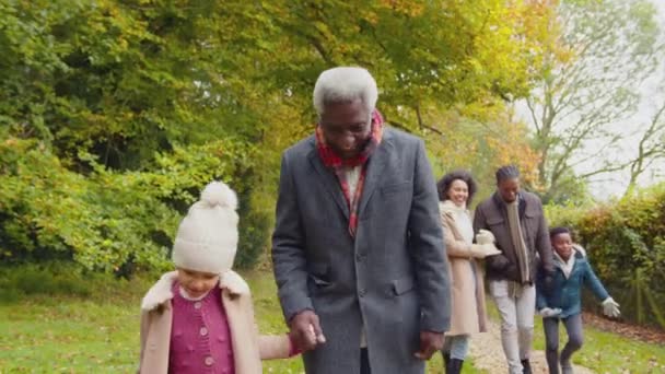 Smiling Multi Generation Family Walking Autumn Countryside Together Grandchildren Running — Stock Video