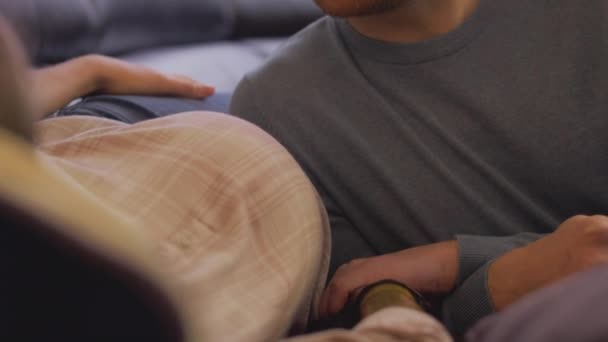 Loving Couple Man Holding Hands Pregnant Partner Prosthetic Arm Home — Stock Video