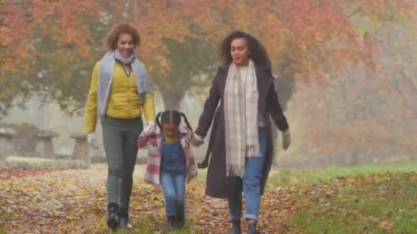 Smiling Multi Generation Female Family Walking Autumn Countryside Together Holding — Stock Video