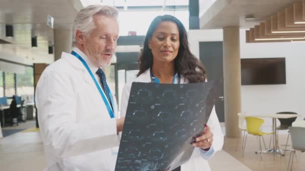 忙しい病院の建物で女性同僚と患者スキャンを議論白いコートを着て男性医師 スローモーションで撮影 — ストック動画