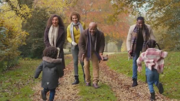 Portrait Smiling Multi Generation Family Walking Autumn Countryside Together Grandchildren — Stock Video