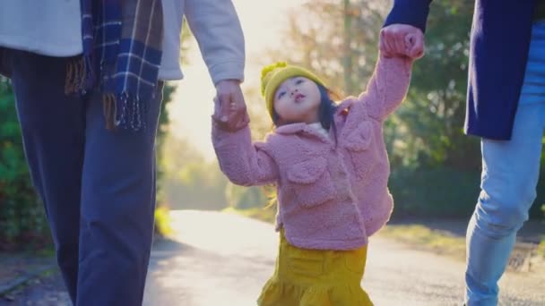 Ung Dotter Håller Hand Med Två Fäder När Går Genom — Stockvideo